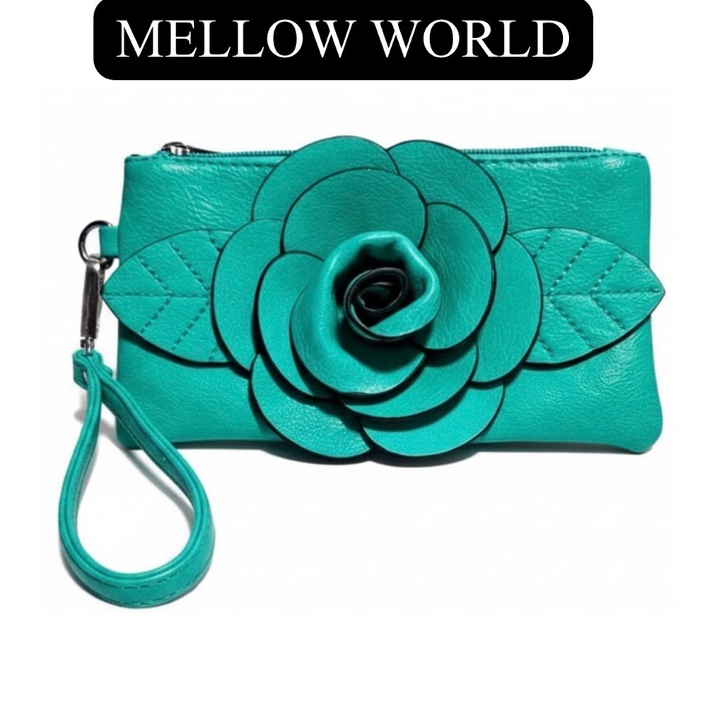 MELLOW WORLD Teal 3D Rose Wristlet, EUC